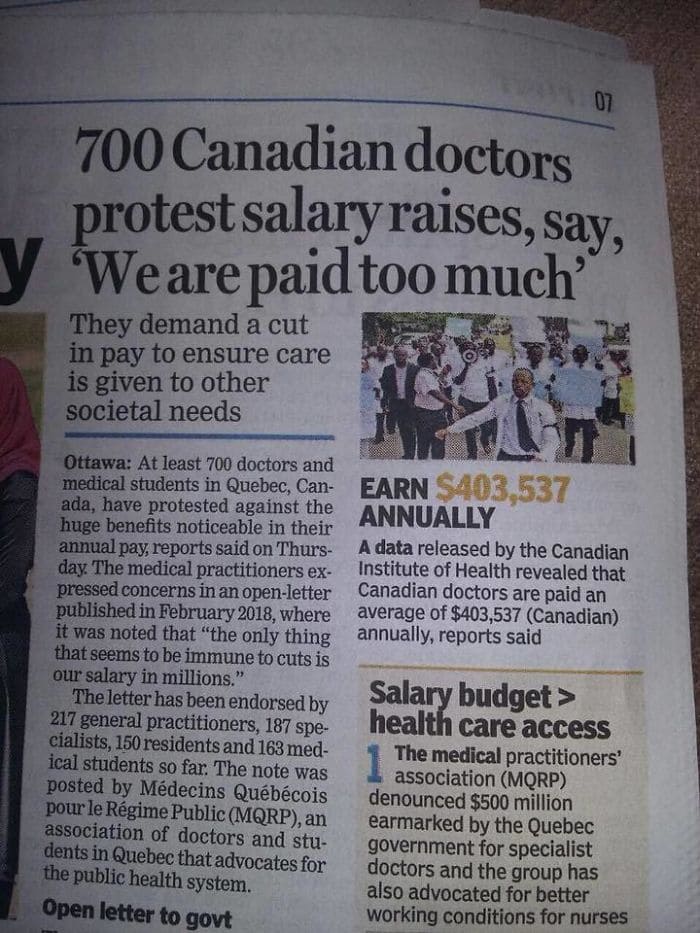 Newspaper clipping about doctors requesting less pay