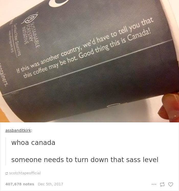 Coffee cup saying Canada doesn’t need to state that the coffee may be hot