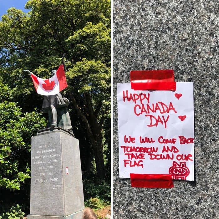Statue with a Canadian flag and a note saying they’ll take it down