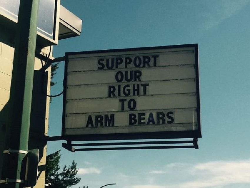 Sign that reads “Support our right to arm bears” 