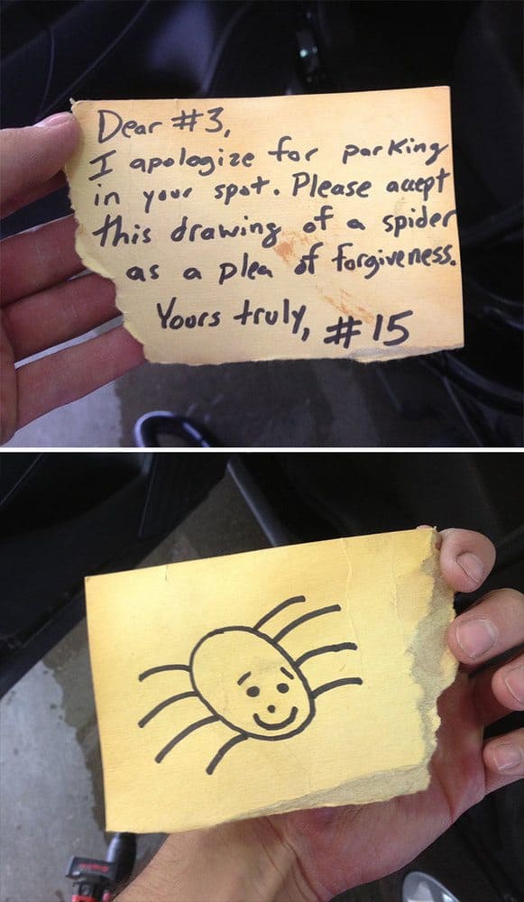 Apology letter with a drawing of a spider on the back 