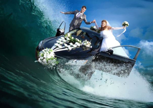 photoshopped wedding photo of a car on water