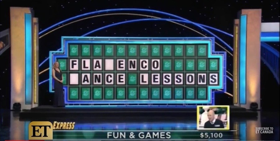 Wheel of Fortune puzzle reading “FLA_ENCO _ANCE LESSONS”