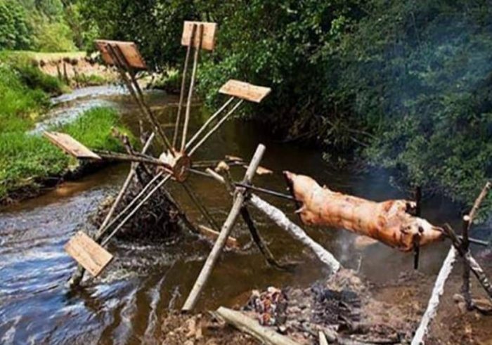 pig roasting on a skewer above a campfire