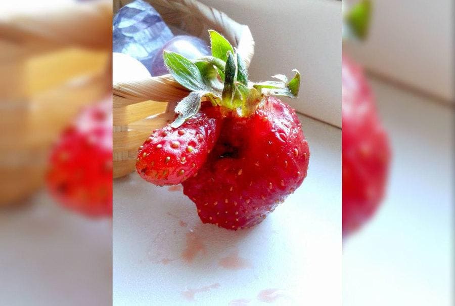 A strawberry that looks like it has a big nose 
