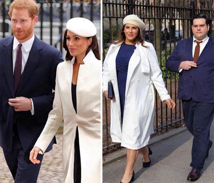 Meghan Markle and Harry and Katie Sturino and a male friend side by side