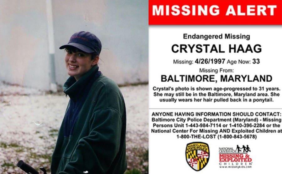 Crystal Haag around the time of her disappearance / A missing person poster for Crystal 