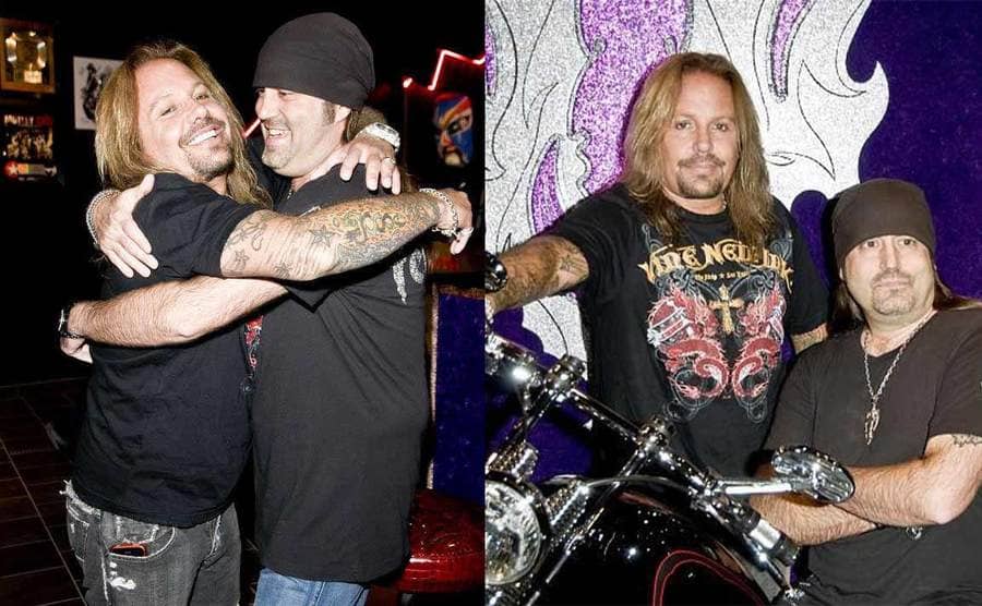 Vince Neil and Danny Koker embracing next to a photograph of them posing on a motorcycle 
