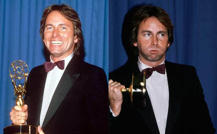 John Ritter posing with his Emmy Award in 1984 / John Ritter pretending to lift his Emmy 