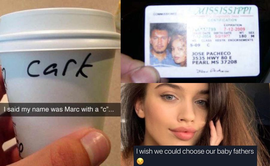 A tweet reading I wish we could choose our baby's fathers / A fake ID posted by the police where the guy used a photograph of him with his girlfriend / A Starbucks cup with the name Cark on it 