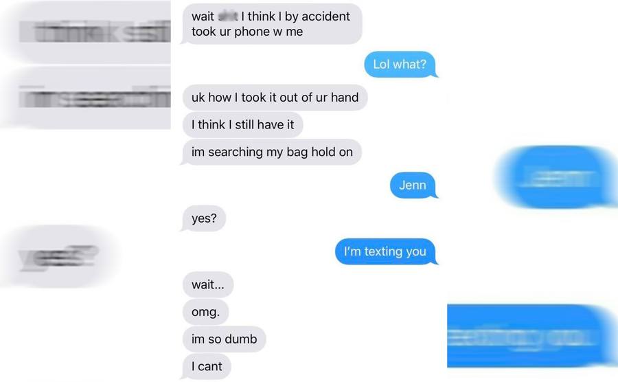 A screenshot of a phone conversation between a girl and her friend whose phone she thought she took 
