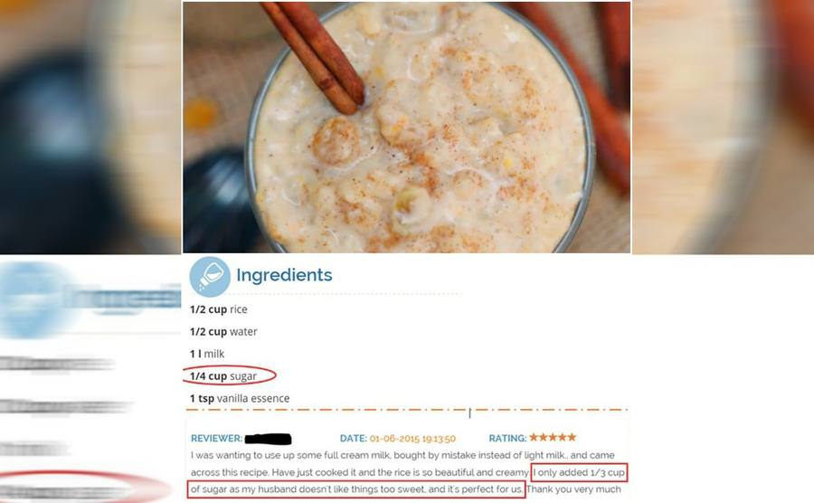 A screenshot of a recipe with a review claiming she put 1/3 cup of sugar instead of 1/4 because her and her husband don’t like sweet stuff and that it came out great 