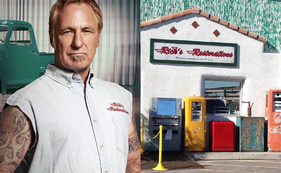 Rick Dale posing in front of an old green truck / The front of Rick’s Restorations garage 