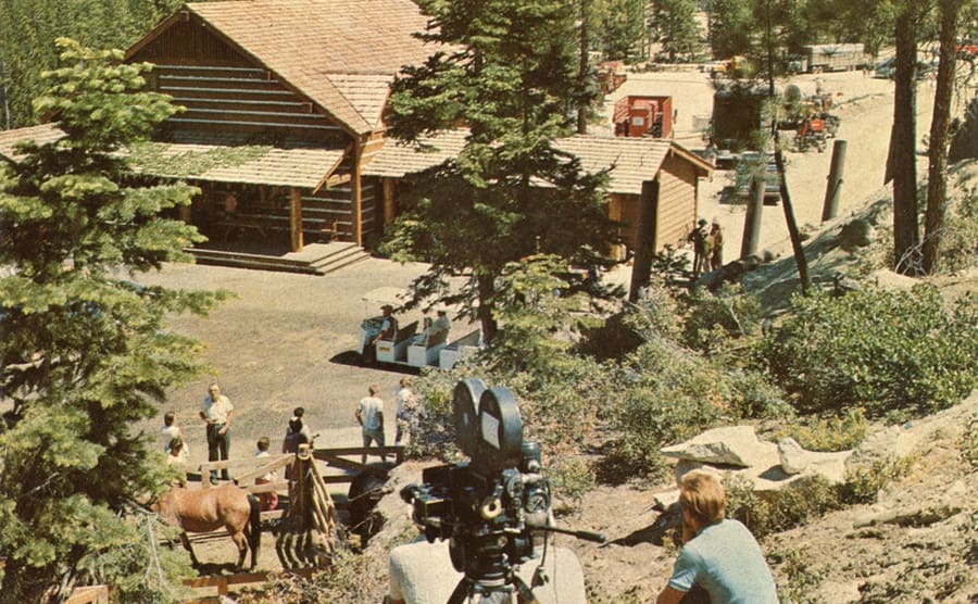 Production crew and video cameras set up around the Ponderosa Ranch theme park 