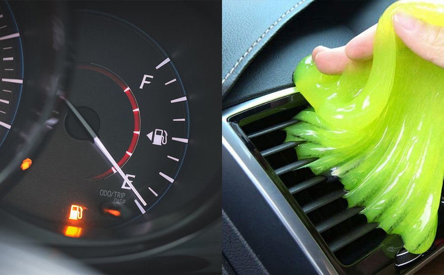 The gas gauge in a car with a little arrow to the left next to the gas pump icon / A person using yellow slime to remove dust from an air conditioning vent in a car