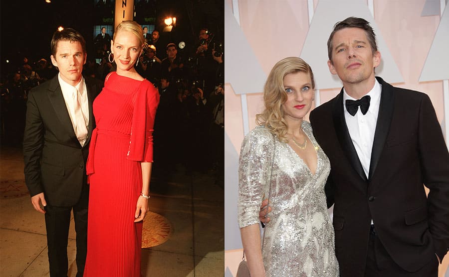 Ethan Hawke and Uma Thurman on the red carpet in 2000 / Ryan Shawhughes and Ethan Hawke on the red carpet in 2015