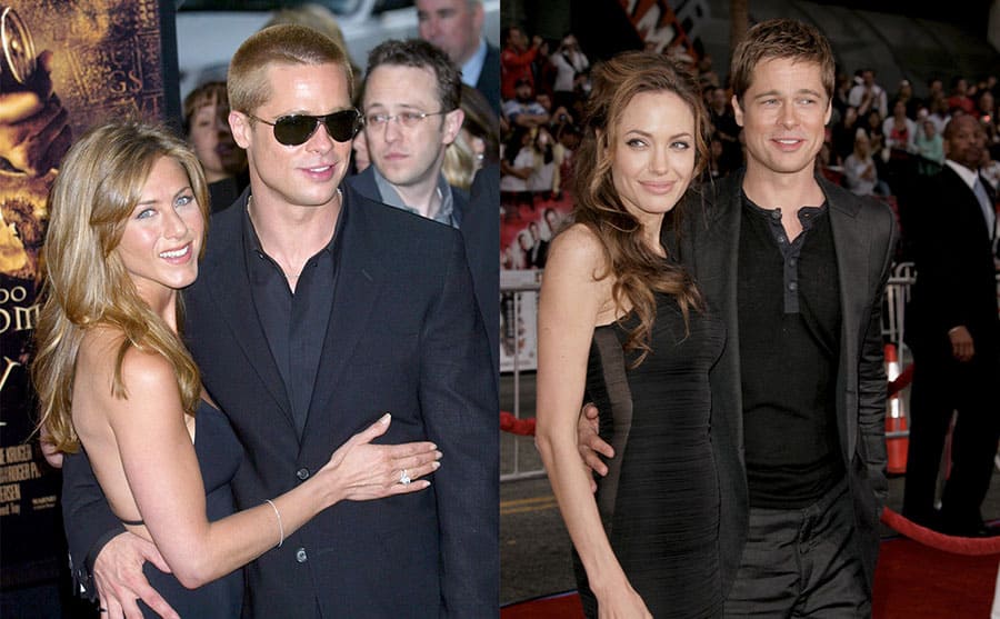 Jennifer Aniston and Brad Pitt on the red carpet in 2004 / Angelina Jolie and Brad Pitt on the red carpet in 2007