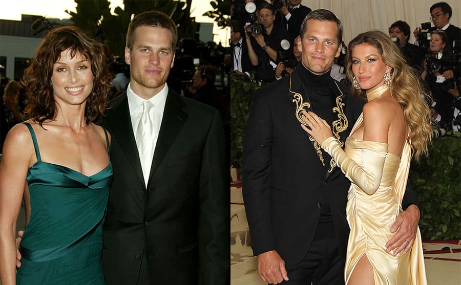 Bridget Moynahan and Tom Brady on the red carpet in 2005 / Tom Brady and Gisele Bundchen on the red carpet in 2018