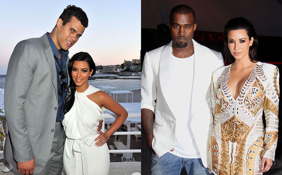 Kris Humphries and Kim Kardashian posing together in 2011 / Kanye West and Kim Kardashian at an event together in 2012