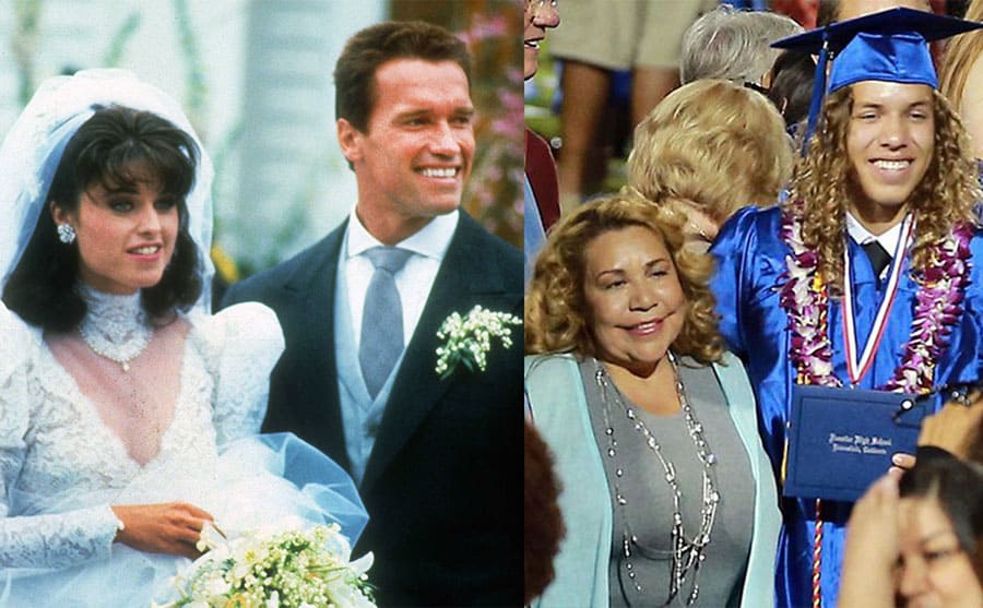 Maria Shriver and Arnold Schwarzenegger on their wedding day 1986 / Mildred Beana with their son Joseph on his graduation day 