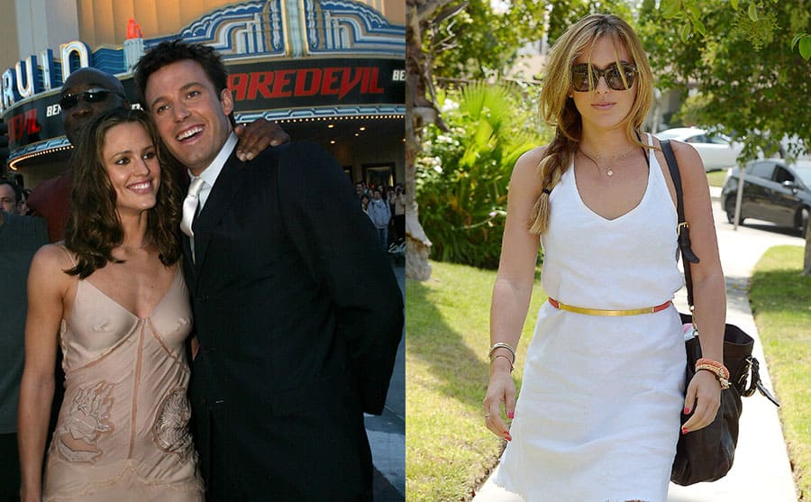 Jennifer Garner and Ben Affleck at the Daredevil movie premiere in 2003 / Christine Ouzounian walking down the street in 2015