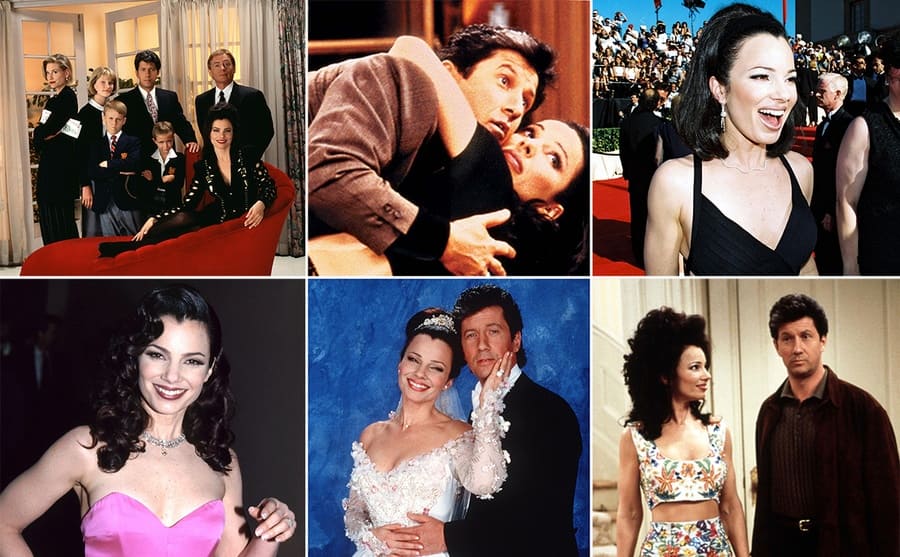 The cast of The Nanny season 1 posing together with Fran on a red chair with everyone standing around her / Fran Drescher and Charles Shaughnessy with small bags packed to go away in the Nanny / Fran Drescher and Charles Shaughnessy posing for a photo in their wedding wear / Fran Drescher in a pink strapless dress on the red carpet / Fran Drescher at the Emmy Awards 