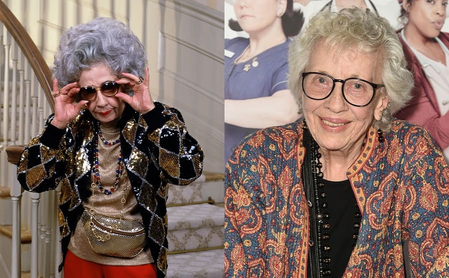 Ann Morgan Guilbert as Grandma Yetta with a gold and black sequined outfit in the show The Nanny / Ann Morgan Guilbert in 2014