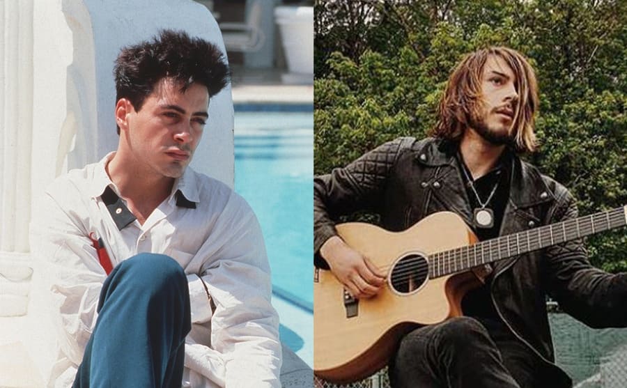 Robert Downey Jr sitting by a pool / Indio Downey sitting with his guitar 