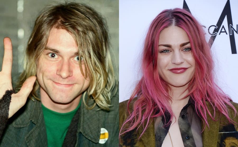 Kurt Cobain smiling and waving / Frances Bean Cobain on the red carpet in 2018 