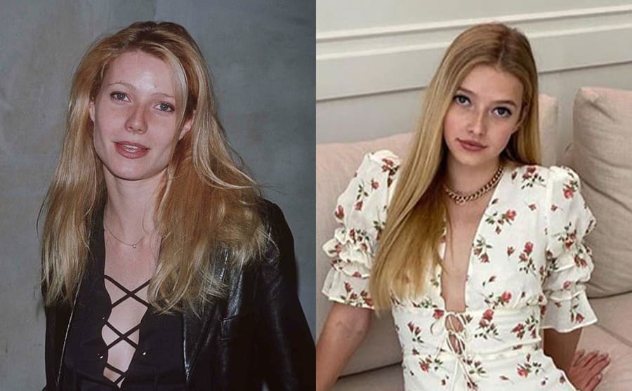 Gwyneth Paltrow posing in 1996 / Apple Martin posing on her living room couch 