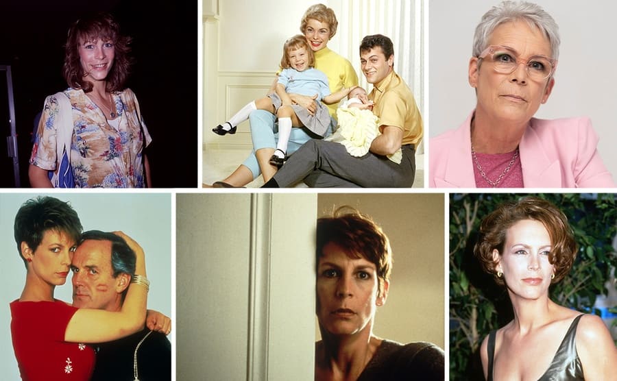 Jamie Lee Curtis on the red carpet at a young age / Jamie Lee with her parents and sister Kelly / Jamie Lee Curtis in all pink 2019 / Jamie Lee Curtis and John Cleese embracing in a scene from A Fish Called Wanda / Jamie Lee Curtis younger on the red carpet / Jamie Lee Curtis peeking out from behind a door in the film Halloween H20 
