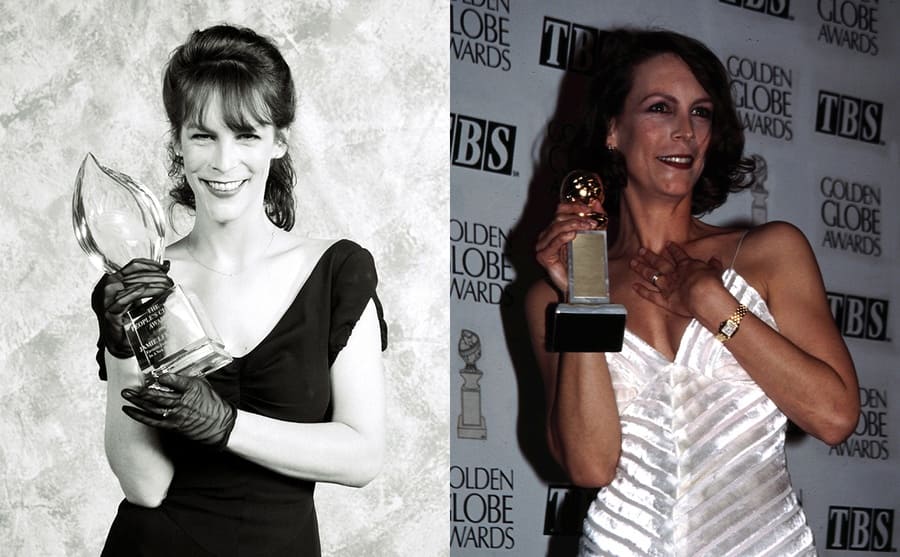 Jamie Lee Curtis holding a People’s Choice Award in 1990 / Jamie Lee Curtis holding a Golden Globe Award in 1995