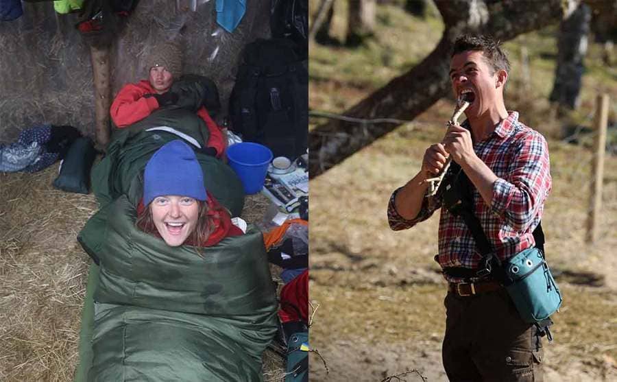 Two contestants in their sleeping bags / A male contestant about to take a bite out of a skinny tree branch 
