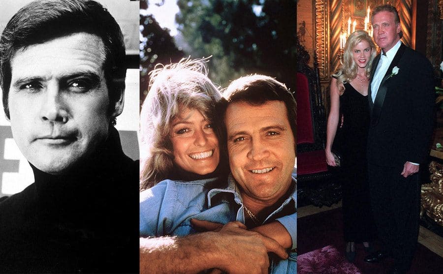 A portrait of Lee Majors when he was young / Lee majors and Farrah Fawcett hugging and smiling / Lee and Faith Majors when they are older hugging and smiling 