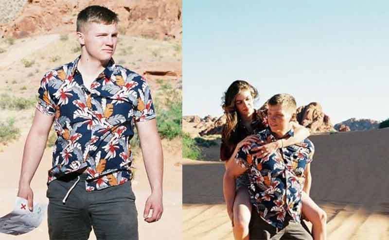 Kodi’s son Garrison posing in a Hawaiian shirt in the desert / Garrison posing with his girlfriend on his back 