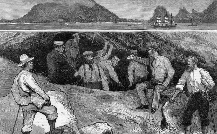 An old picture of people digging in a cave for finding a treasure