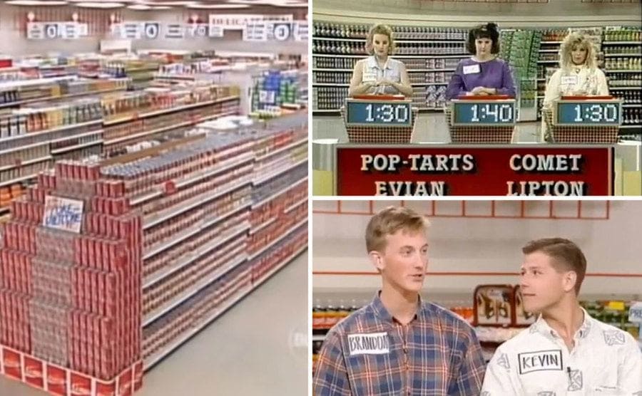 The Supermarket Sweep set from the ‘90s / Supermarket Sweep contestants answering trivia questions with a buzzer / Kevin and Brandon in their cool, colorful shirts on set