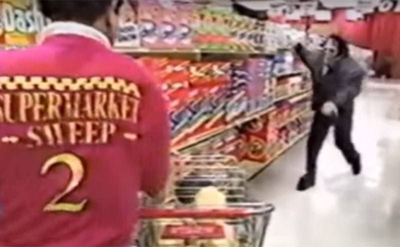 A market monster running at a scared Supermarket Sweep contestant in the aisle while filming. 