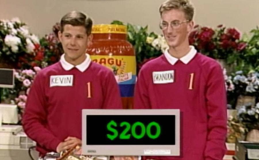 Contestants Brandon and Kevin on Supermarket Sweep. 