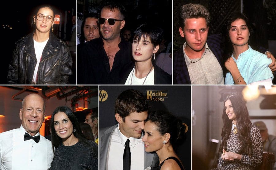 Demi Moore arriving to an event in 1987 / Bruce Willis and Demi Moore on the red carpet in 1989 / Emilio Estevez and Demi Moore at event to promote St Elmo’s Fire in 1985 / Bruce Willis and Demi Moore on the red carpet in 2018 / Ashton Kutcher and Demi Moore posing lovingly on the red carpet / Demi Moore speaking at an event today 