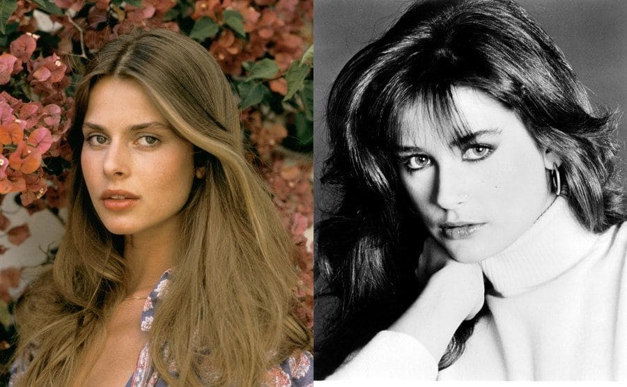 Nastassja Kinski posing for a portrait in front of a wall of flowers / A portrait of Demi Moore in black and white 
