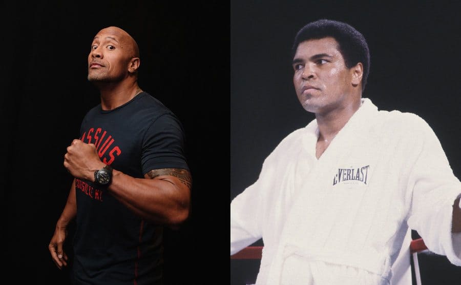 Dwayne Johnson posing for a portrait / Muhammad Ali in the corner of the ring 