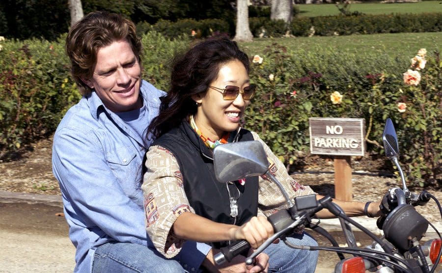 Thomas Haden Church riding behind Sandra Oh on a motorcycle in a scene from Sideways