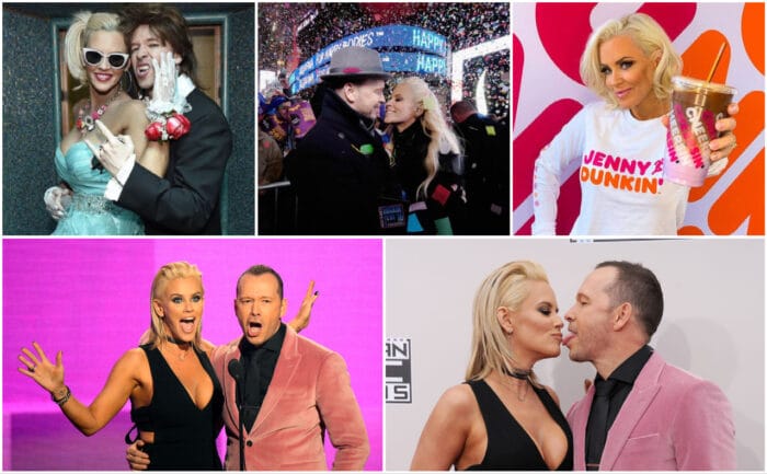 Jenny and Donnie posing in ‘80s prom outfits / Donnie and Jenny about to kiss at New Years / Jenny McCarthy holding up a Dunkin Donuts drink / Jenny McCarthy and Donnie Wahlberg arrive at the 2016 American Music Awards / Jenny McCarthy (L) and Donnie Wahlberg speak onstage during the 2016 American Music Awards