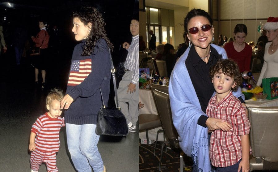 Julia with her son Henry in 1994 walking through an airport / Julia with her son Charlie at a family day event 