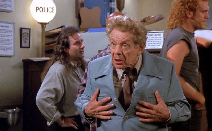 Jerry Stiller with his hands on his chest saying ‘you want a piece of me?’ in the blooper 