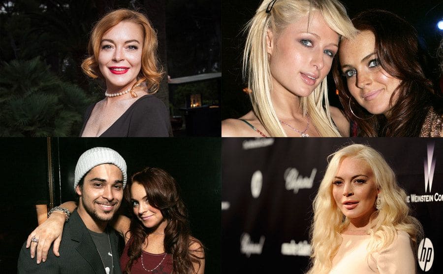 Lindsay Lohan posing in a v-neck black shirt with pearls and her hair up / Lindsay Lohan and Paris Hilton at a launch party / Lindsay Lohan and Wilmer Walderrama posing together at an event / Lindsay Lohan with blonde hair on the red carpet 