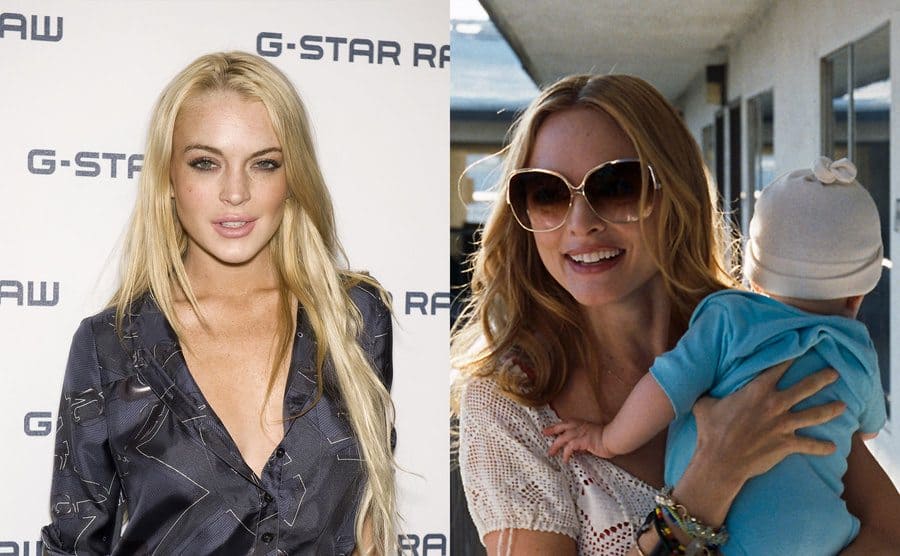 Lindsay Lohan on the red carpet at fashion week / Heather Graham holding her baby outside of a second floor motel room 