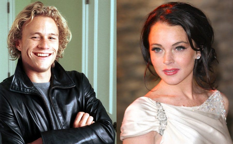 Heath Ledger posing in a leather jacket leaning against a doorframe / Lindsay Lohan in a white dress with her hair in a low messy bun 