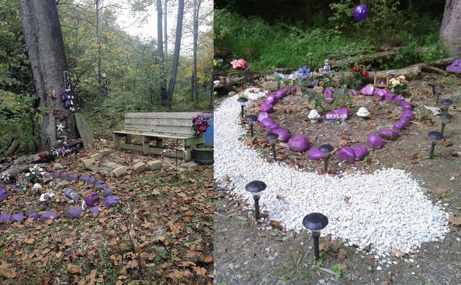 Two photographs from different angles of the memorial with a bench, flowers, and photographs for Skylar 